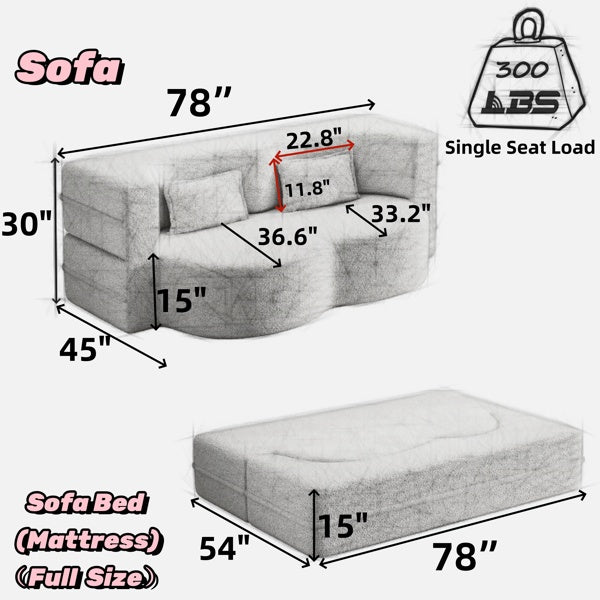 Modern Floor Sofa With 2 Pillows,Convertible Plush Corduroy Sleeper Sofa Bed,Full Size Folding Mattress For Living Room,Guest Bed,no Assembly Required,Beige