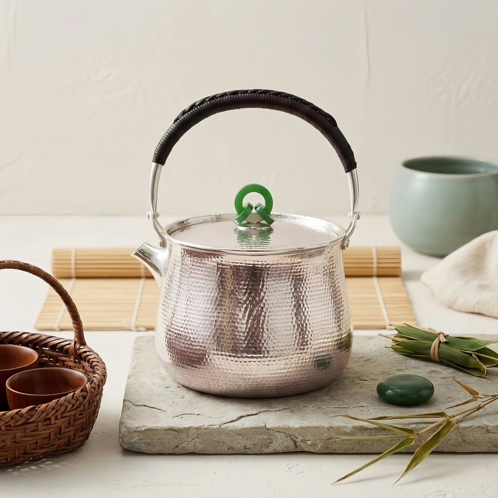 Pure 999 Fine Silver Artisan Hammered Silver Teapot with Green Jade Finial and Woven Handle - Handicraft