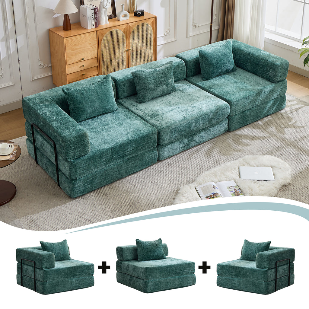 Compression Sofa,Convertible Floor Sofa Bed With Fixed-Shape Frame, Boneless Modular Sectional Sofa,No Assembly Required,Chenille Fabric,for Living Room Bedroom,Dark Green