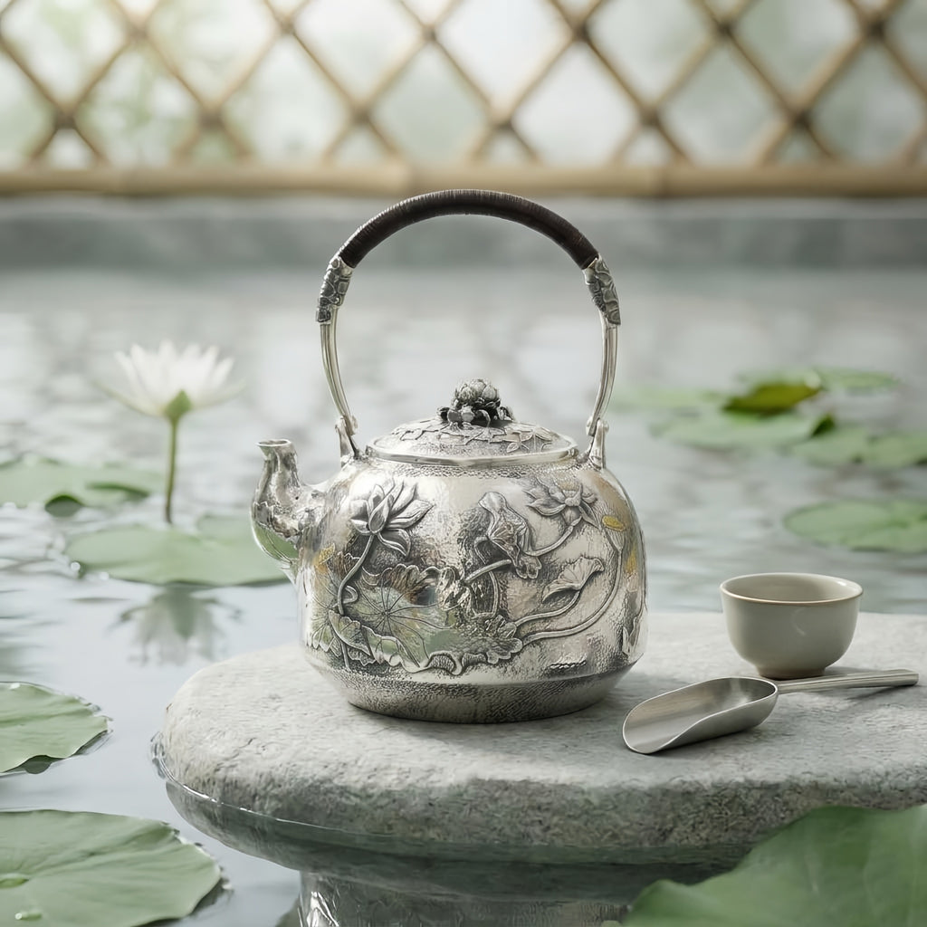 925 Sterling Silver Artisanal Silver Teapot Featuring Intricate Lotus Pond Engravings and Hammered Texture - Handicraft
