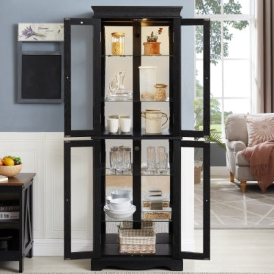 Lighted Glass Curio Display Cabinet,Display Cabinet,Glass Storage Cabinet Glass Wine Cabinet Wood Frame Toy Display For Living Room, Kitchen, Pantry Light Bulb Included Cherry