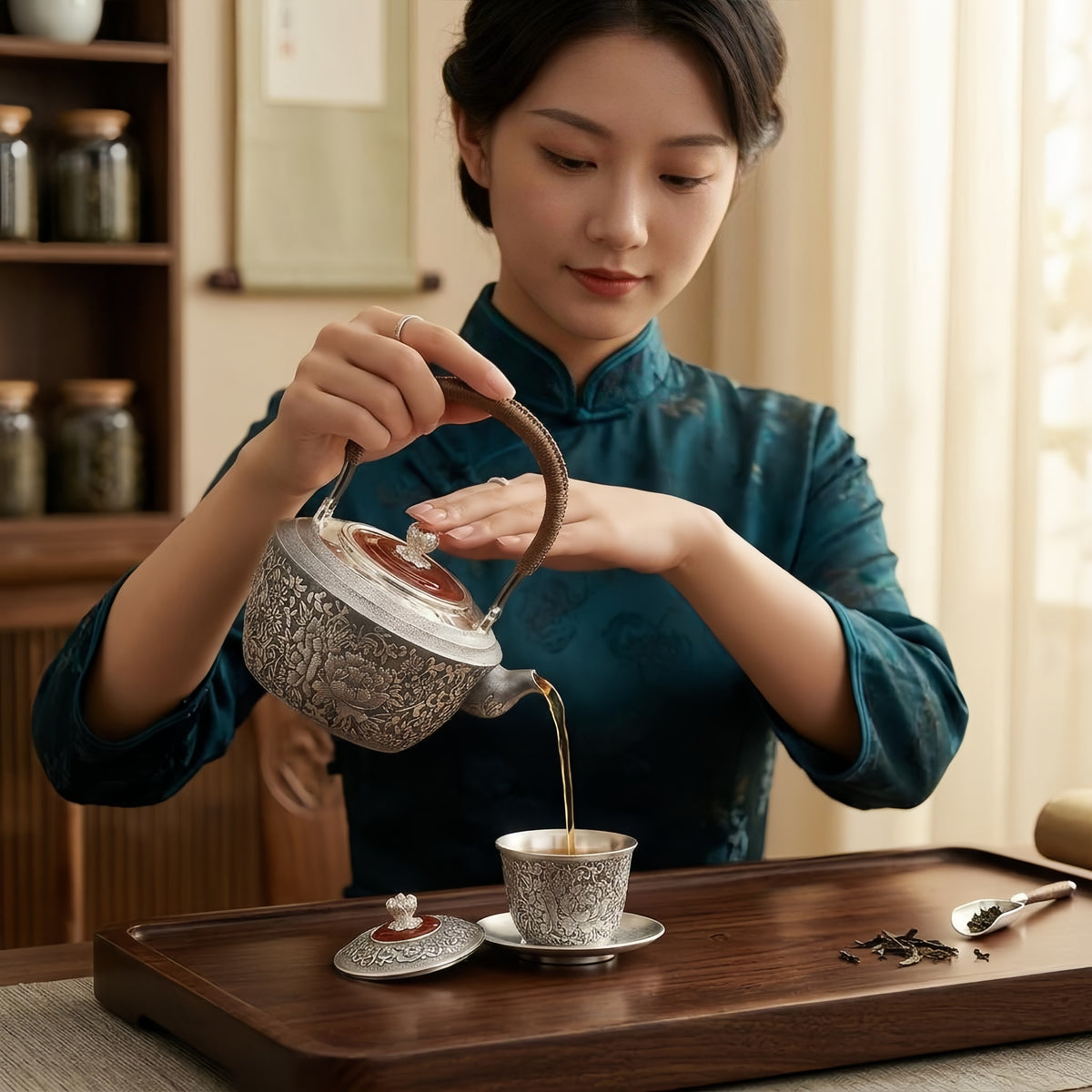 Pure 999 Fine Silver Elegant Hand-Carved Silver Teapot with Intricate Floral Engravings and Cord-Wrapped Handle - Handicraft