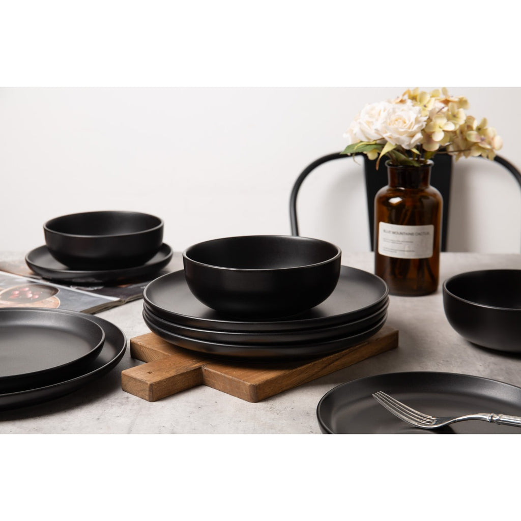 12-Piece Stoneware Dinner Plates Bowls Sets  Microwave & Dishwasher Safe   Non-Toxic Dinner Plates Bowls Set   Stackable Matte Glaze Kitchenware For 4