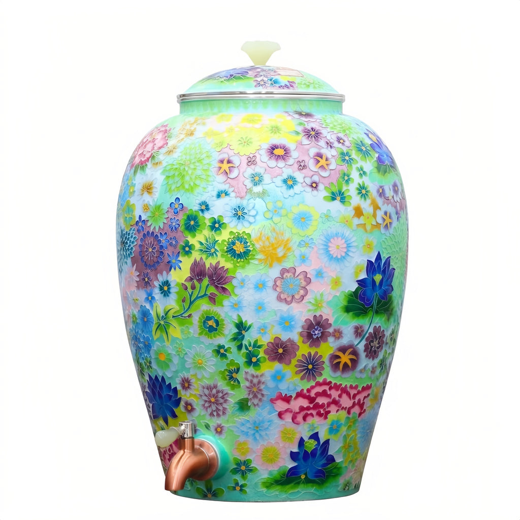 Pure 999 Fine Silver Elegant Hand-Painted Floral Enamel Water Dispenser with Copper Tap and Matching Lid - Handicraft