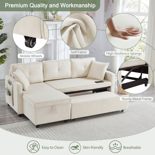 L-Shaped Pull Out Sleep Sofabed, Modern Reversible Sleeper Sectional Sofa, 3 In 1 Convertible Sofa Bed With Storage Chaise, Drop-Down Table, Cup Holders And Charging Ports