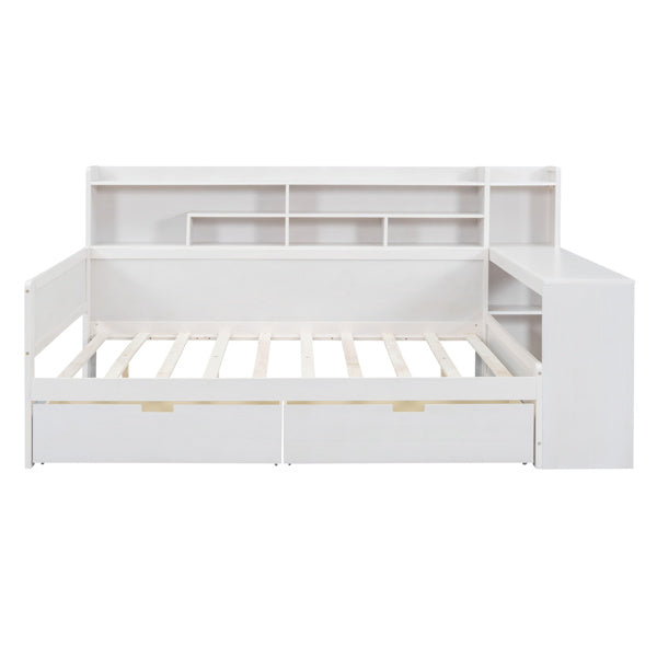 Wooden Full-size Sofa Bed With Storage Rack, Multifunctional Bed With Two Storage Drawers And Desk, Antique White