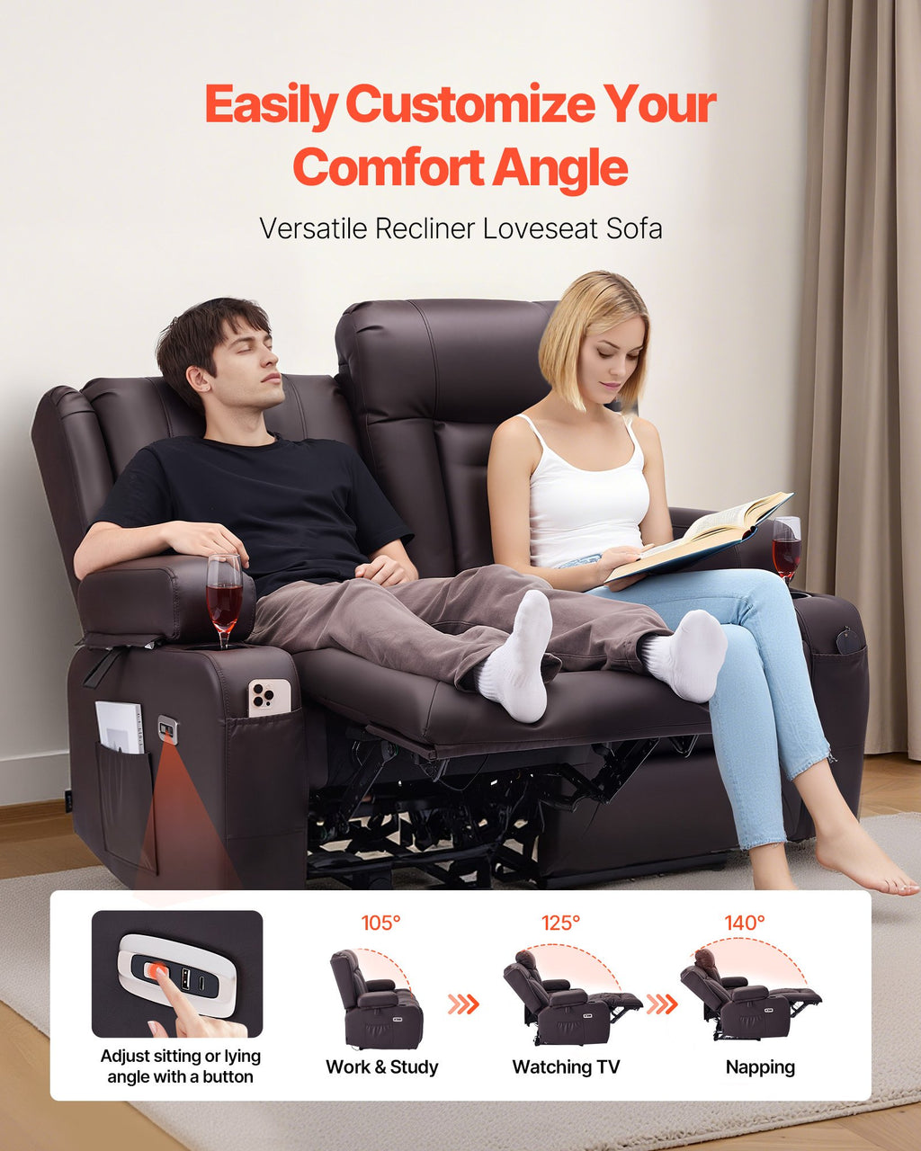 Loveseat Recliner Sofa, Power Reclining Couch With Heating & Massage And Timer, PU Leather Electric Recliner Sofa With USB Ports, Cup Holders And Side Bags, Dual Loveseat Chair For Living Room