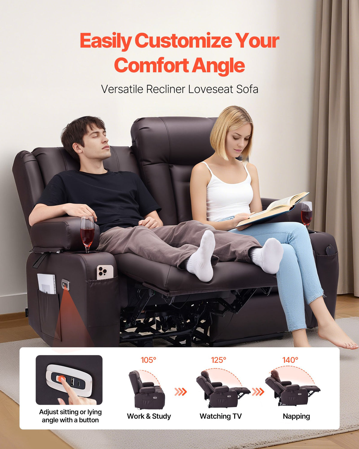 Loveseat Recliner Sofa, Power Reclining Couch With Heating & Massage And Timer, PU Leather Electric Recliner Sofa With USB Ports, Cup Holders And Side Bags, Dual Loveseat Chair For Living Room