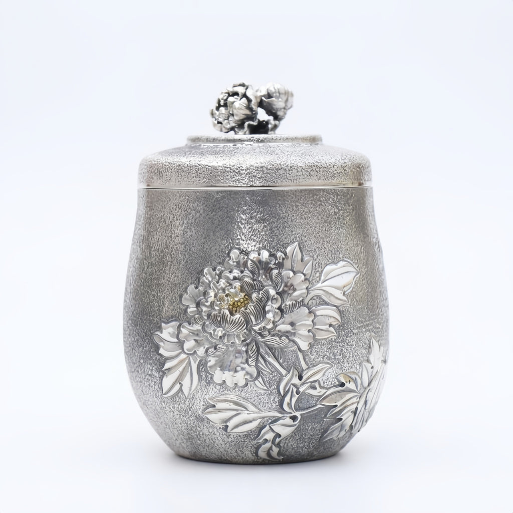 Pure 999 Fine Silver Elegant Handcrafted Silver Peony Tea Caddy with Textured Relief and Floral Lid - Handicraft