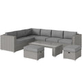 6 Pieces Outdoor PE Rattan Wicker Corner Sofa Set With 10cm Thick Padded Cushions, Aluminium Conservatory Furniture With Glass Top Coffee Table, Footstools, Grey