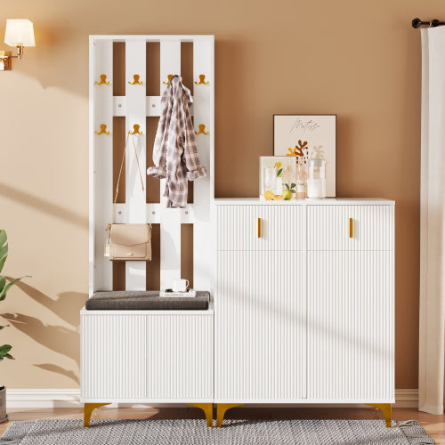 Wardrobe Set With Shoe Bench And Cushion, Wardrobe Front With Hooks, Shoe Cabinet With Drawers And Doors
