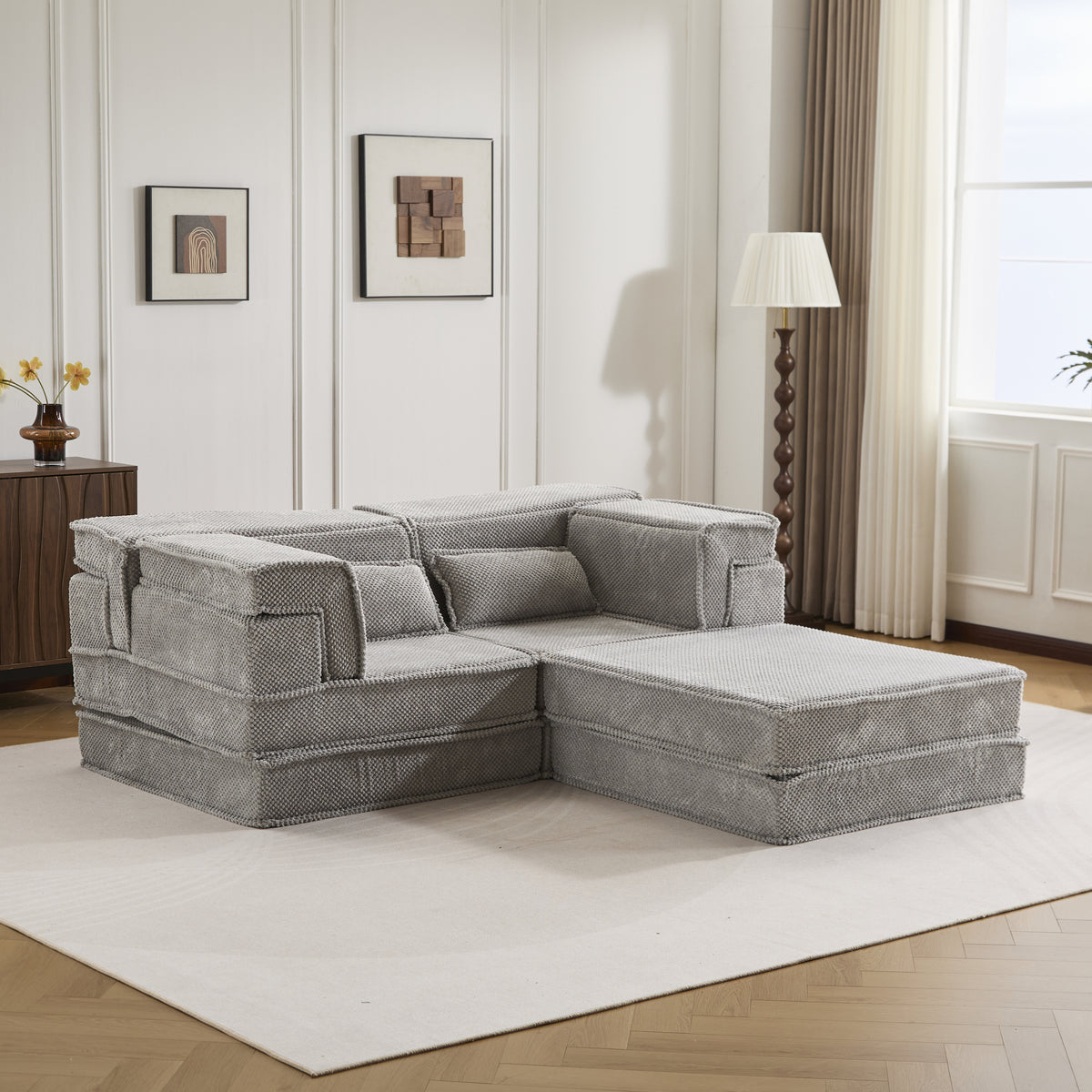 Compression Mahjong Sofa,Convertible Floor Sofa Bed,DIY Boneless Modular Sectional Sofa,No Assembly Required,Circle Fleece Fabric,Oversized 2 Seater With 1 Ottoman,Light-grey