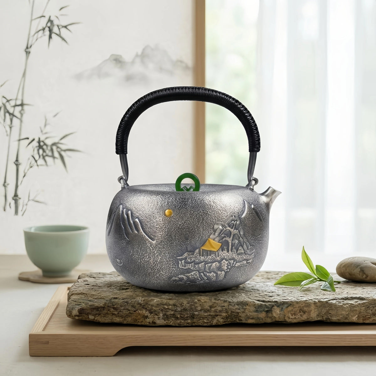 Pure 999 Fine Silver Artisan Silver Teapot with Traditional Landscape Engravings and Green Jade Ring Knob - Handicraft