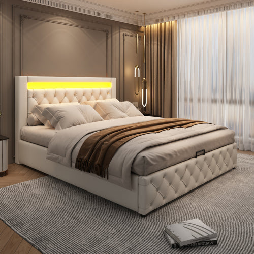 Upholstered Bed 150 X 200 Cm Functional Bed With Slatted Frame And Storage Space, LED Lighting In Different Colors, White, PU