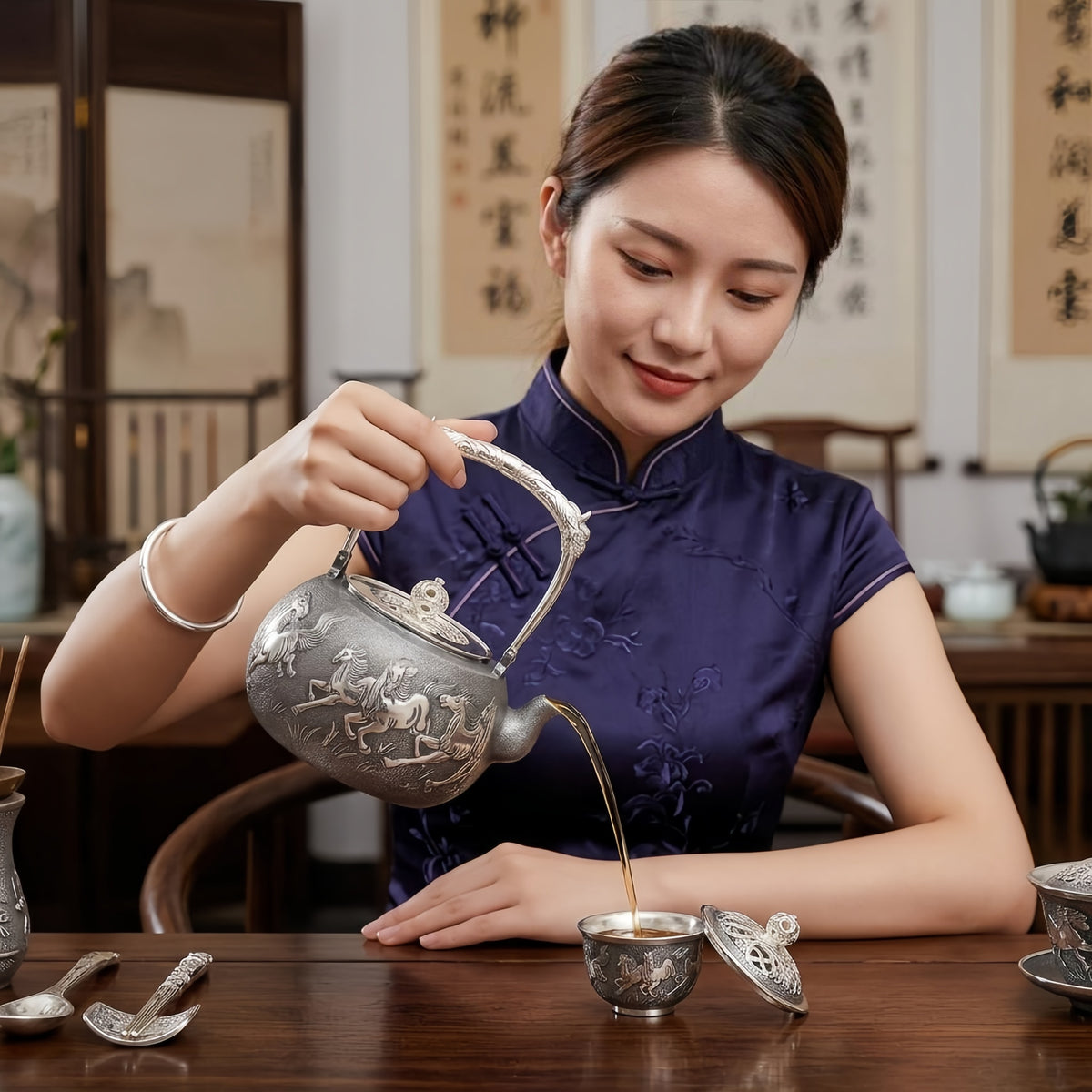 Pure 999 Fine Silver Handcrafted Silver Teapot with Intricate Galloping Horse Relief and Ornate Handle - Handicraft
