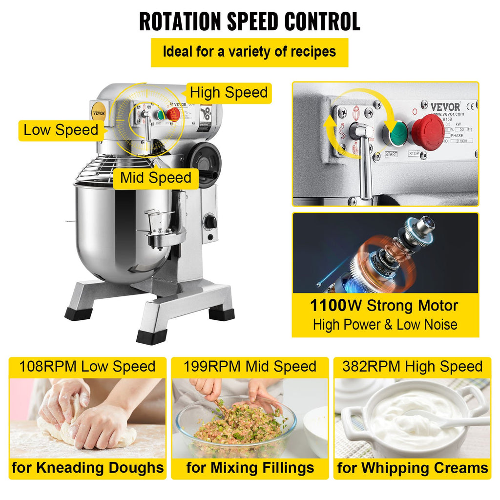 Commercial Food Mixer, 30Qt Commercial Mixer With Timer Function, 1100W Stainless Steel Bowl Heavy-duty Electric Food Mixer, 3-speed Adjustable 108/199/382 RPM