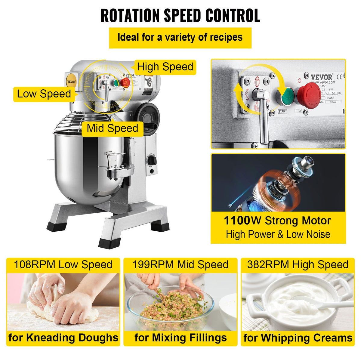 Commercial Food Mixer, 30Qt Commercial Mixer With Timer Function, 1100W Stainless Steel Bowl Heavy-duty Electric Food Mixer, 3-speed Adjustable 108/199/382 RPM