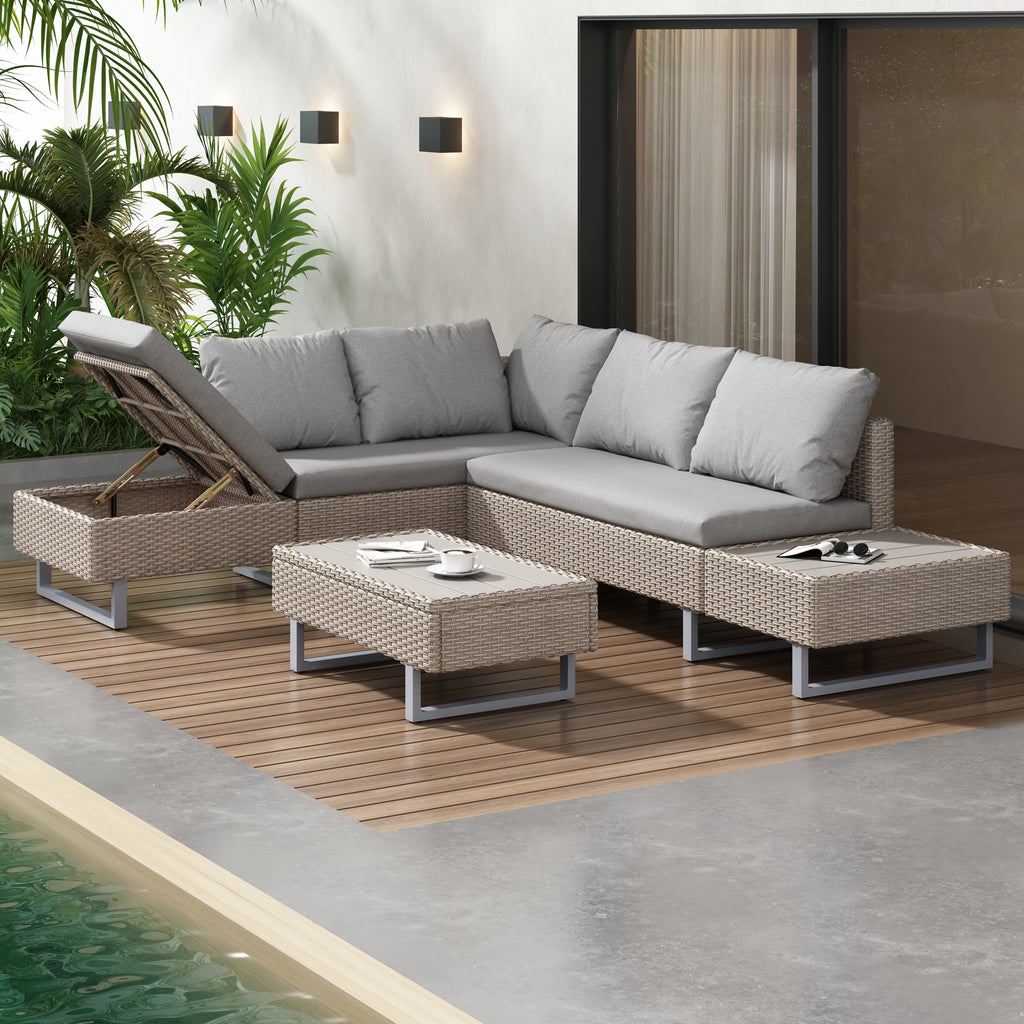 Mixed Khaki Rattan Corner Sofa Set,Industrial Style,with Coffee Table,Garden Furniture Set,Anti-UV Cushions Removable Covers,Khaki
