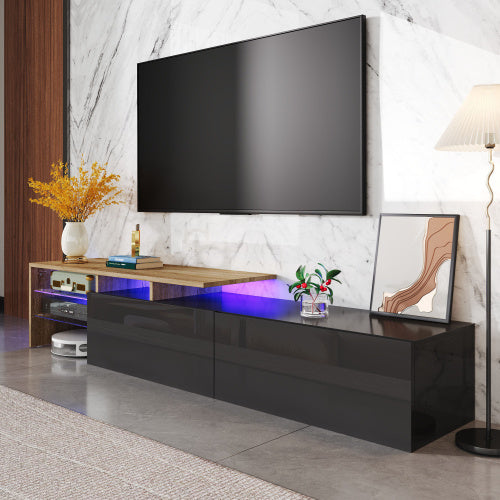 Modern TV Cabinet Design Stylish And Elegant, Practical Storage Space, Black And Wood Look, Glass Shelves, LED Lighting