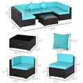 7-Piece Patio Furniture Set, Outdoor Wicker Conversation Set, All Weather PE Rattan Sectional Sofa Set With Cushions And Tempered Glass Top Coffee Table, Pillows, Turquoise