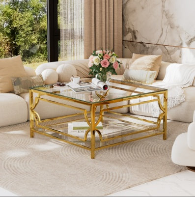 Square Glass Coffee Table In 33.5 ,Luxurious Geometric Metal Frame,Gold Finish  Lower Shelf