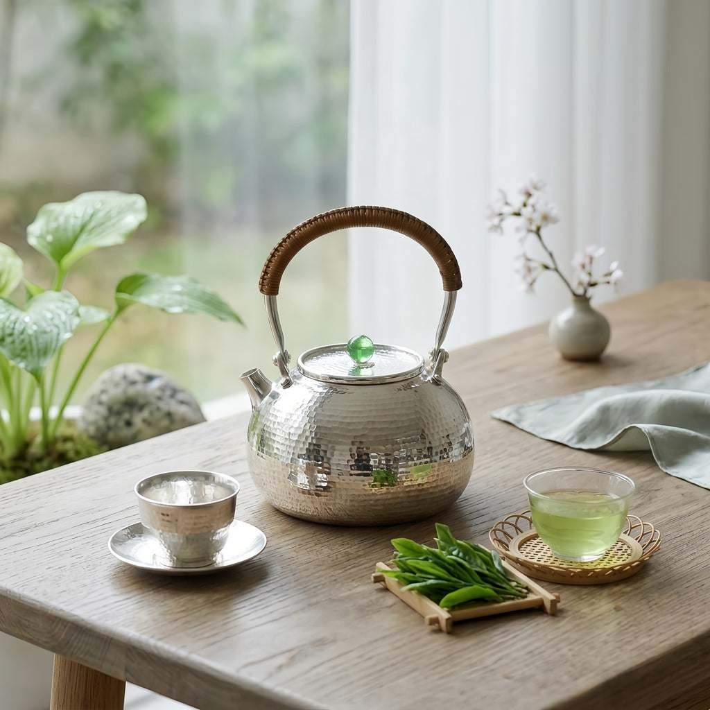 925 Sterling Silver Hand-Hammered Silver Teapot Featuring Woven Rattan Handle and Translucent Green Finial - Handicraft