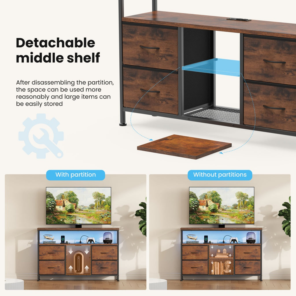 TV Stand, 4 Drawers, With LED Lights And Power Sockets, 50-inch TV Living Room Furniture, With Open Shelves And Adjustable Feet