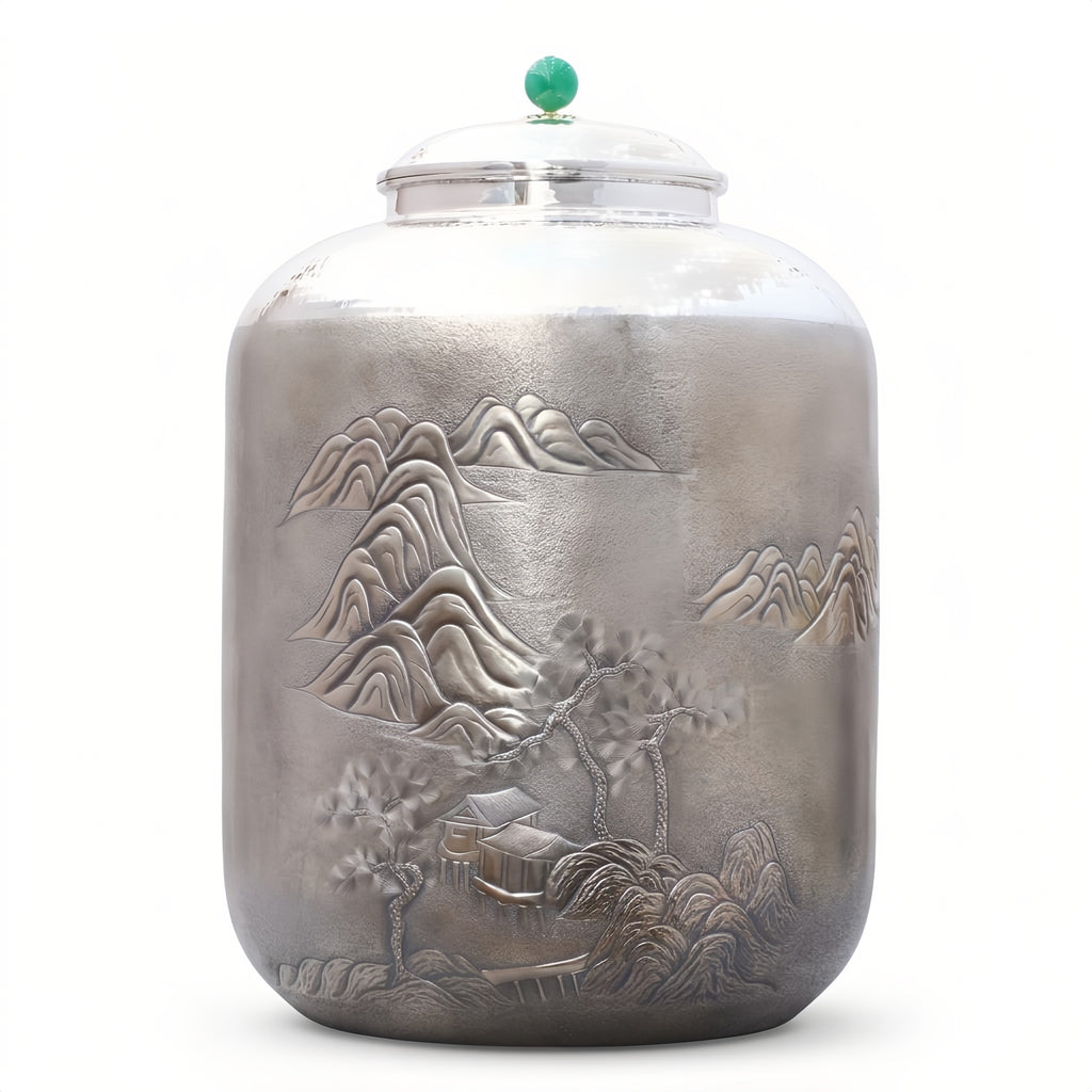 Pure 999 Fine Silver Elegant Silver-Toned Jar with Intricate Landscape Relief and Jade Finial - Handicraft