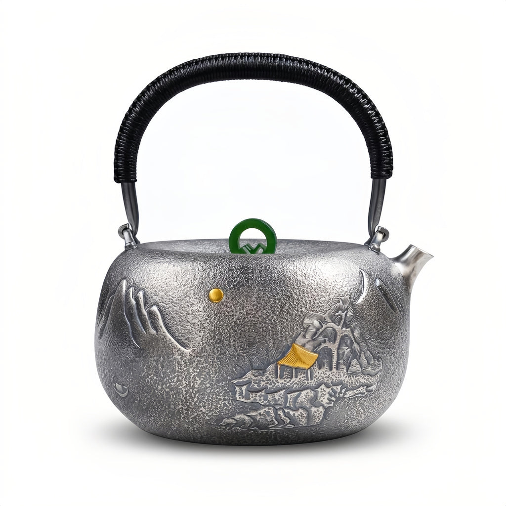 Pure 999 Fine Silver Artisan Silver Teapot with Traditional Landscape Engravings and Green Jade Ring Knob - Handicraft
