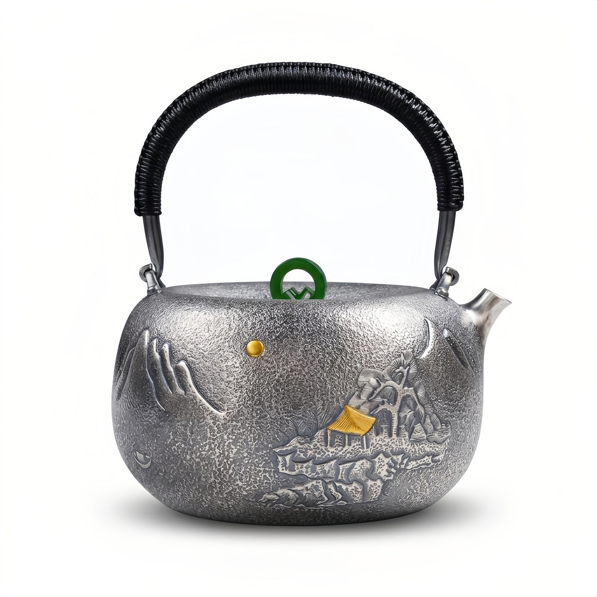Pure 999 Fine Silver Artisan Silver Teapot with Traditional Landscape Engravings and Green Jade Ring Knob - Handicraft