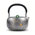 Pure 999 Fine Silver Artisan Silver Teapot with Traditional Landscape Engravings and Green Jade Ring Knob - Handicraft