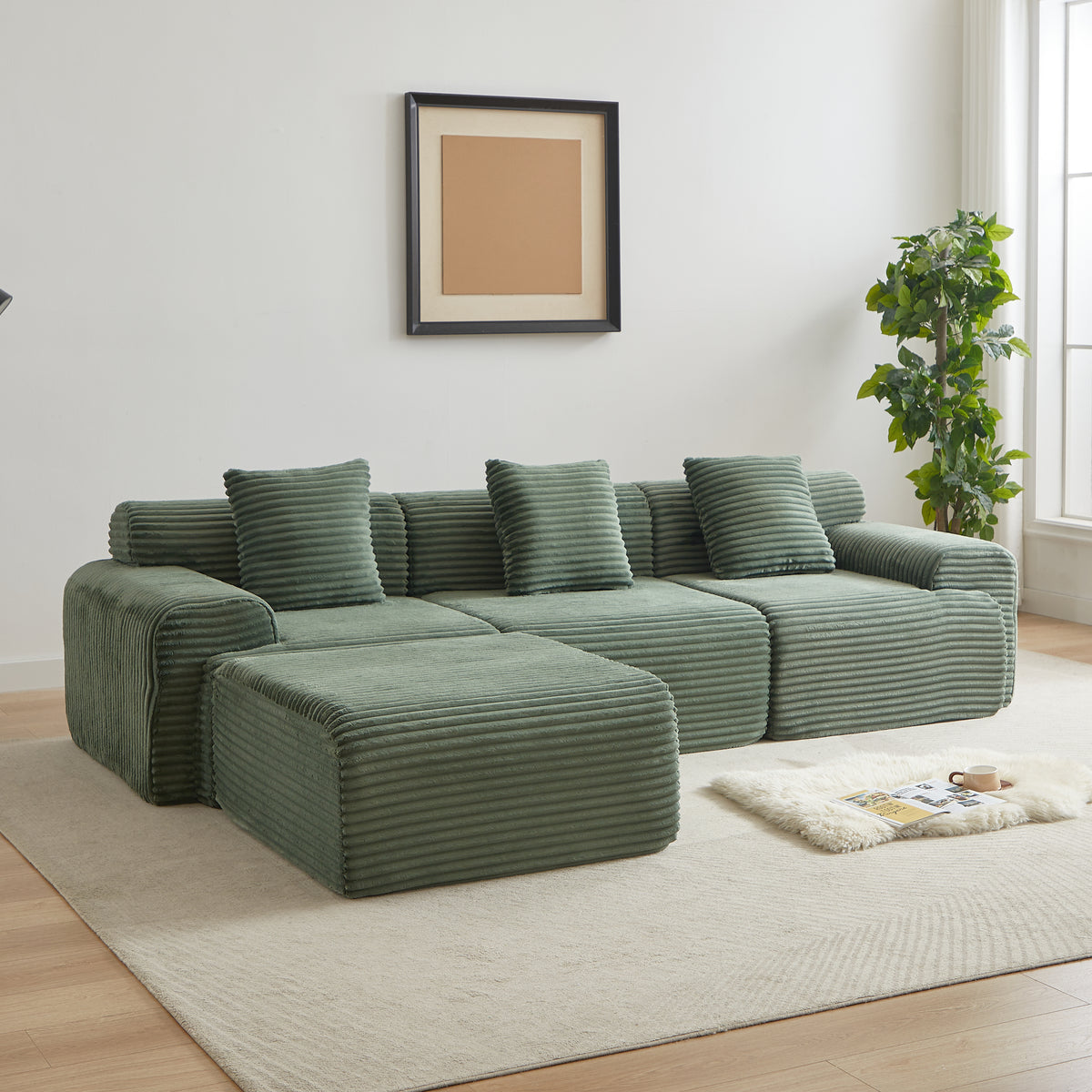 114-inch Corduroy Modular Sofa Boneless Couch, Featuring An Inlaid Structural Design, Three Throw Pillows, Wider Backrest Design And Four Freely Configurable Modules.