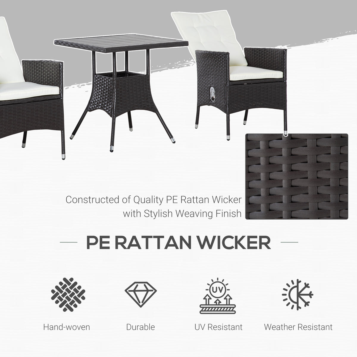 3 Piece Patio Bistro Set, PE Wicker Furniture Conversation Set W/ Tufted Cushion Reclining Chairs & Coffee Table, Cream