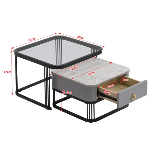Nestable Coffee Table High Gloss Marble Exterior, Gold Accents, Side Table With Drawer. Set Of Two