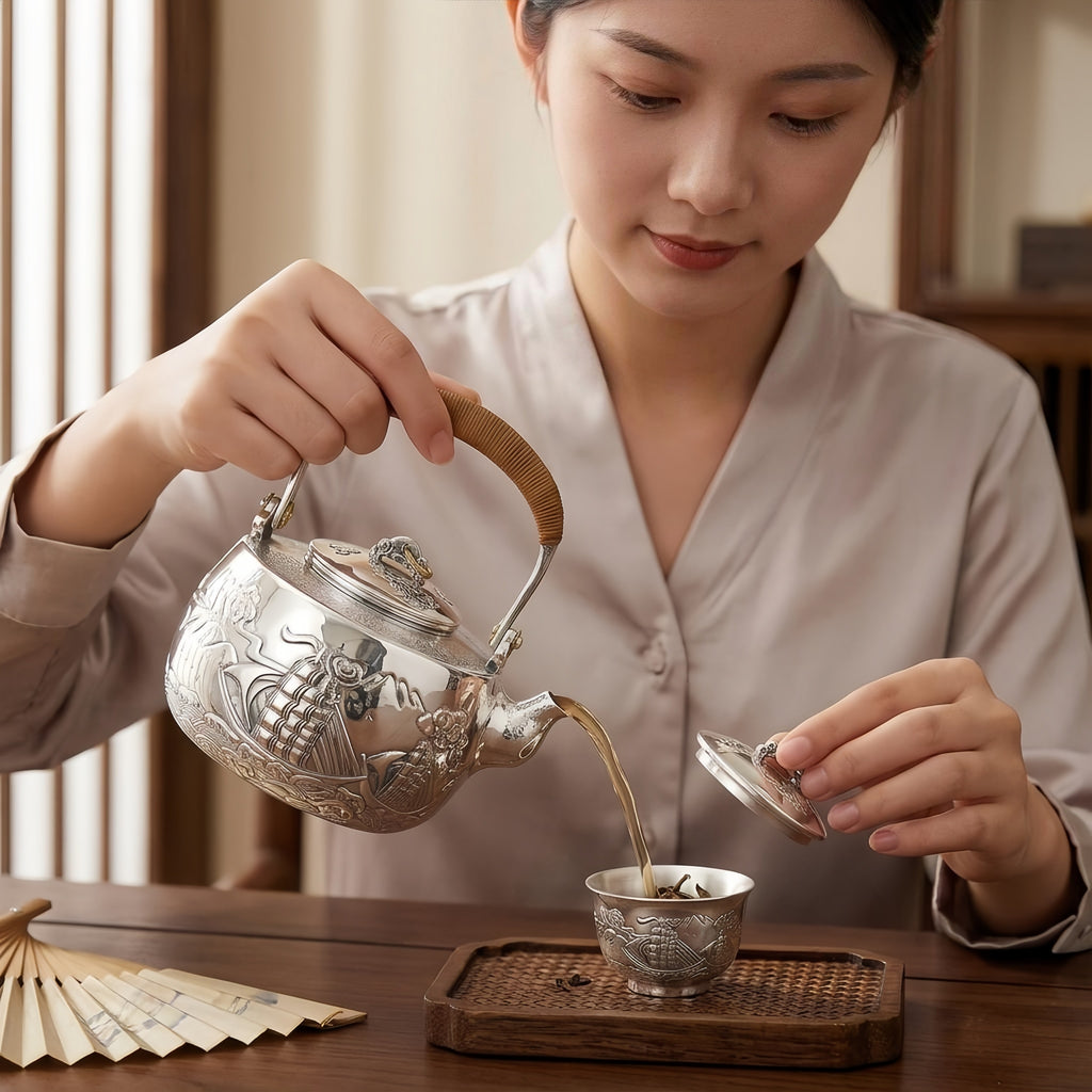 Pure 999 Fine Silver Vintage Handcrafted Silver Teapot Featuring a Detailed Embossed Nautical Sailing Scene - Handicraft