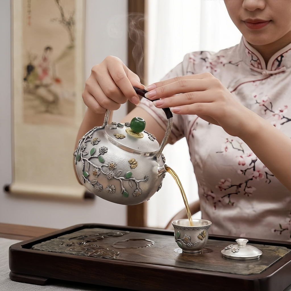 925 Sterling Silver Handcrafted Silver Teapot with Green Gemstone Accents and Ornate Floral Filigree - Handicraft