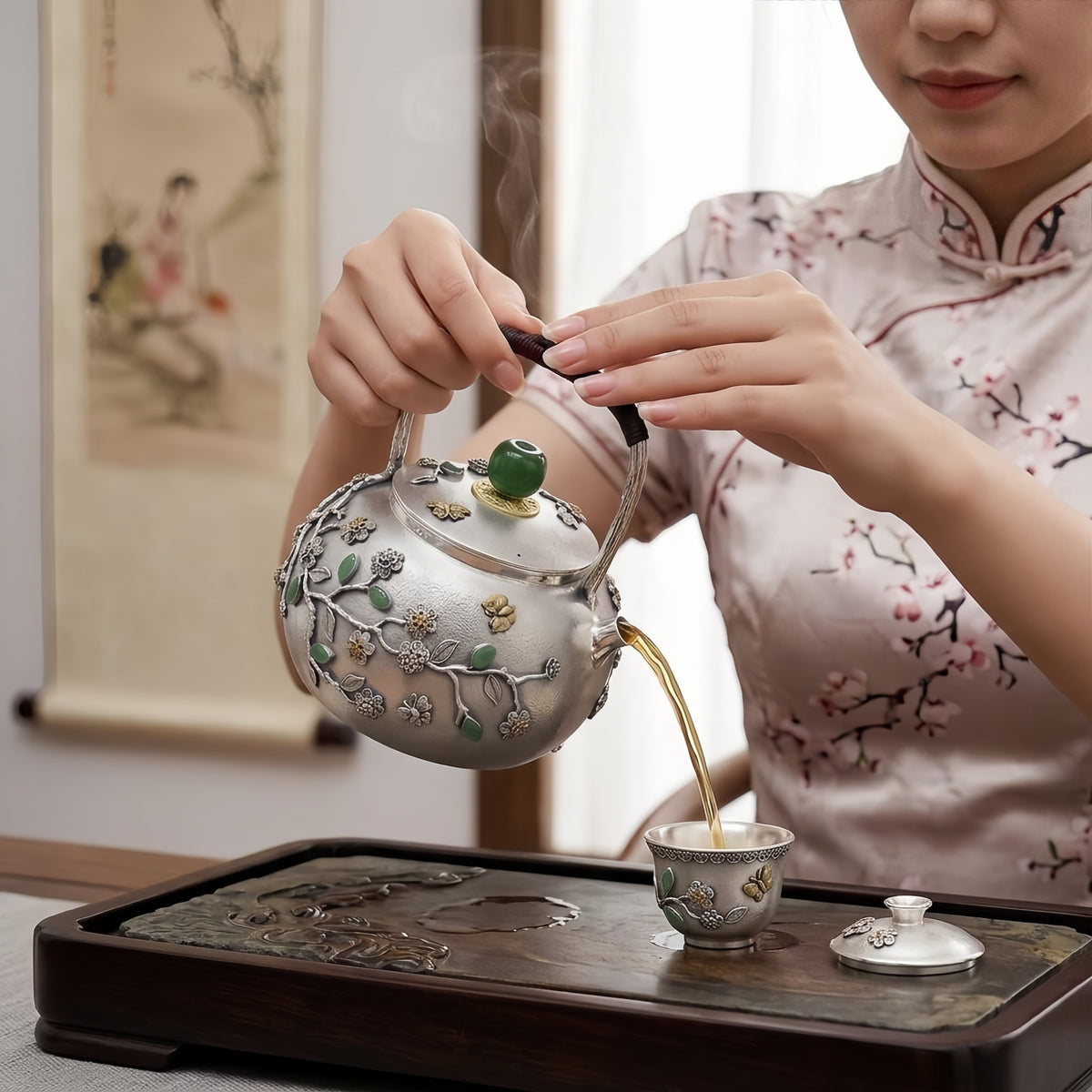 925 Sterling Silver Handcrafted Silver Teapot with Green Gemstone Accents and Ornate Floral Filigree - Handicraft