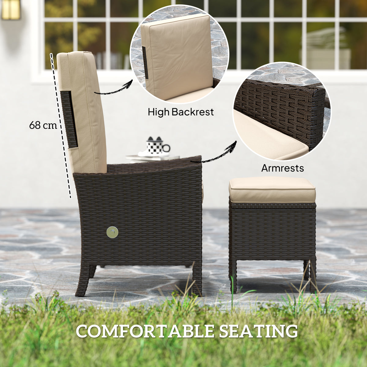 5 Piece Rattan Garden Furniture Set, Wicker Patio Sofa Set With 2 Armchairs, 2 Footstools, Glass Top Coffee Table With Shelf, Outdoor Furniture With Adjustable Backrests, Cushions, Khaki