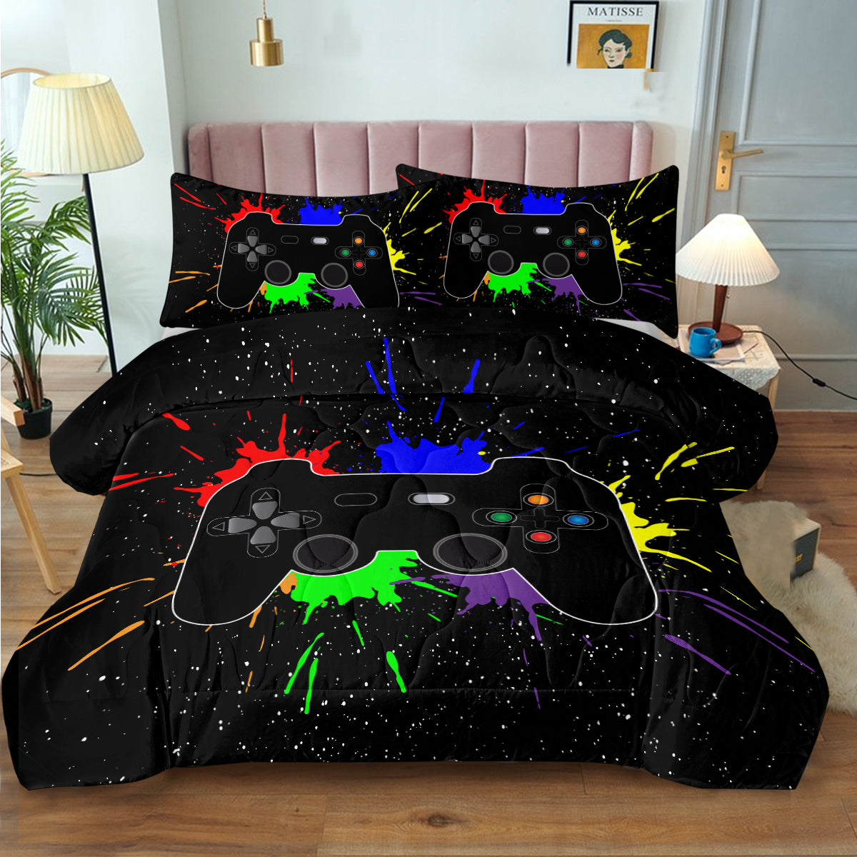 Black Video Game Comforter For Girls Boys Red Blue Green Purple Yellow Ink Game Controller Bedding Boy Bedroom Living Bed Decor With 1 Comforter 2 Pillow Shams