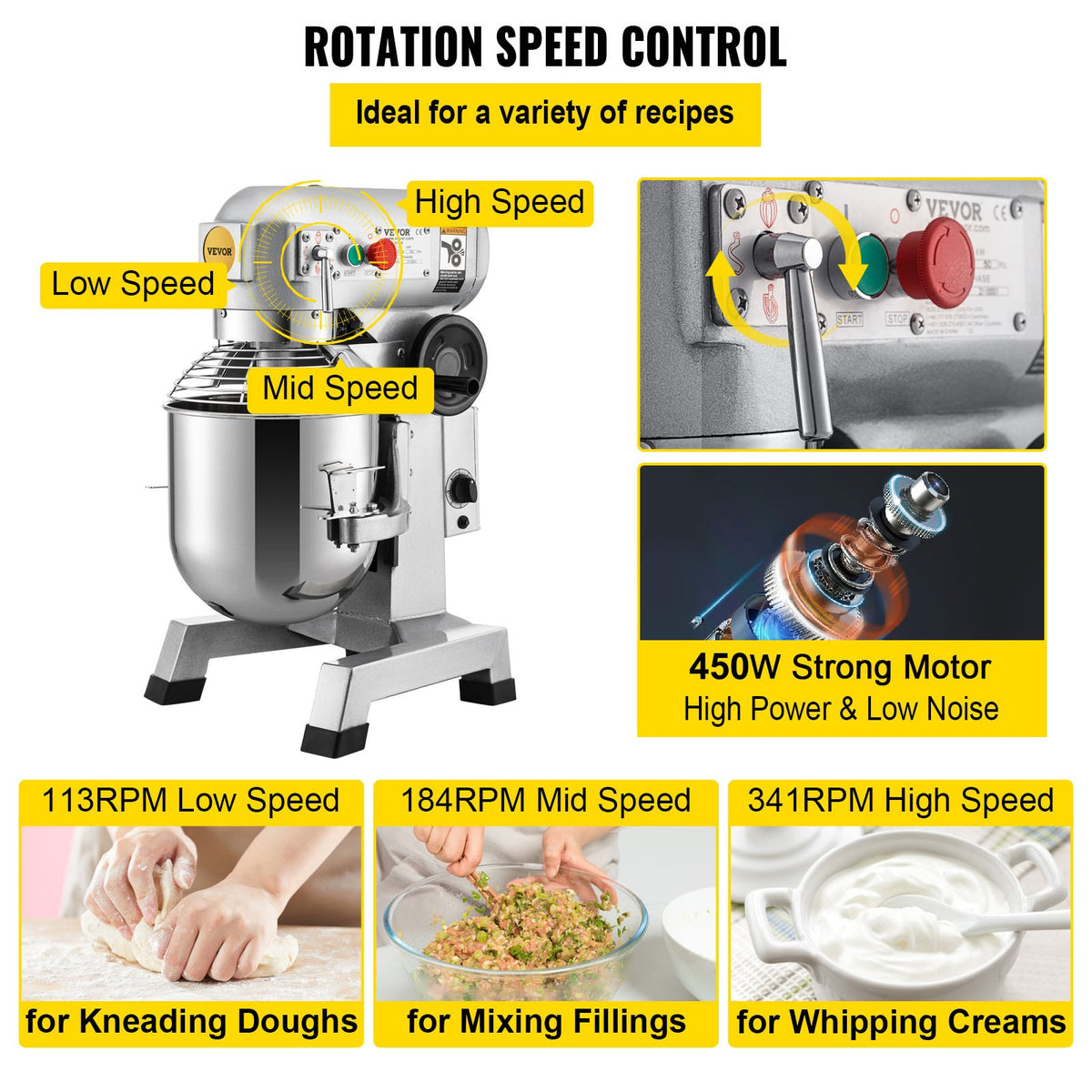 Commercial Food Mixer, 10Qt Commercial Mixer With Timer Function, 450W Stainless Steel Bowl Heavy-duty Electric Food Mixer, 3-speed Adjustable 113/184/341 RPM