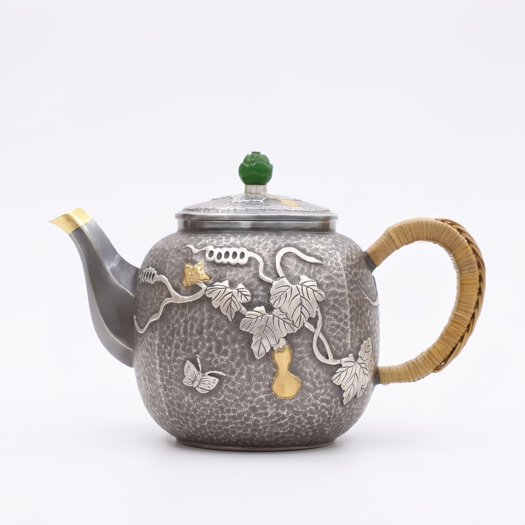 925 Sterling Silver Elegant Hammered Metal Teapot with Bamboo Handle and Artistic Vine Butterfly Gourd Motif-exquisite handmade teapot - Handicraft