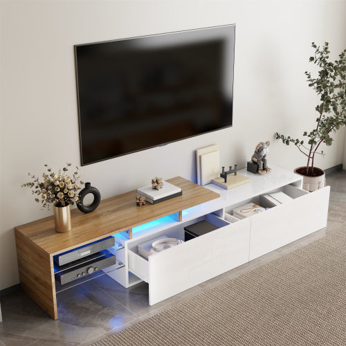 Modern TV Cabinet Design Stylish And Elegant, Practical Storage Space, Black And Wood Look, Glass Shelves, LED Lighting