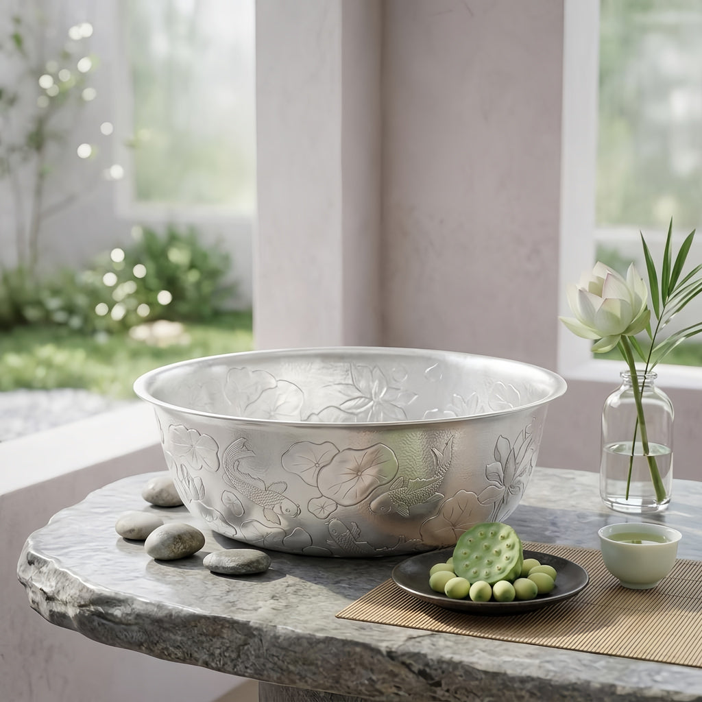 925 Sterling Silver Handcrafted Silver Basin with Intricate Koi Fish and Lotus Flower Relief Design - Handicraft