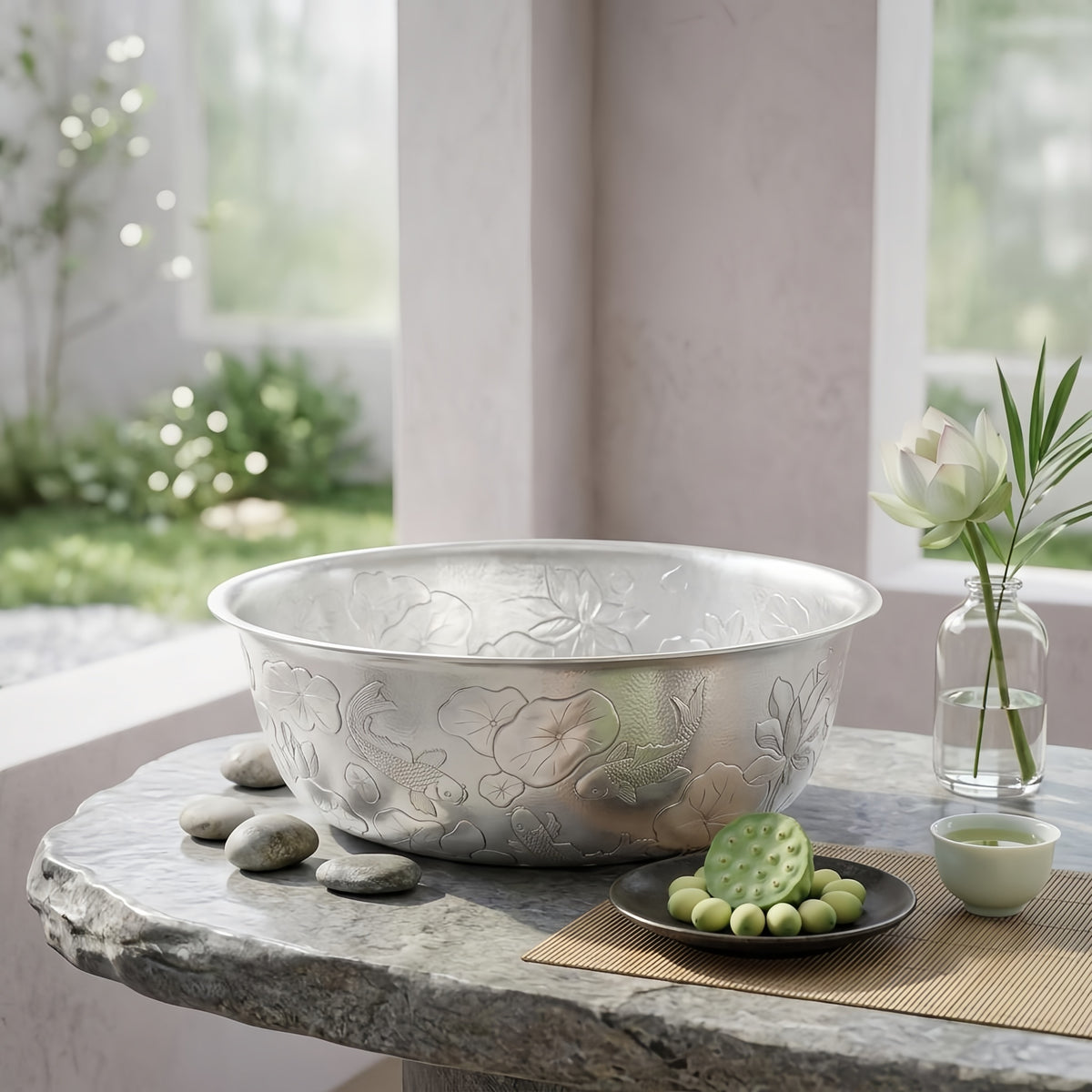 925 Sterling Silver Handcrafted Silver Basin with Intricate Koi Fish and Lotus Flower Relief Design - Handicraft