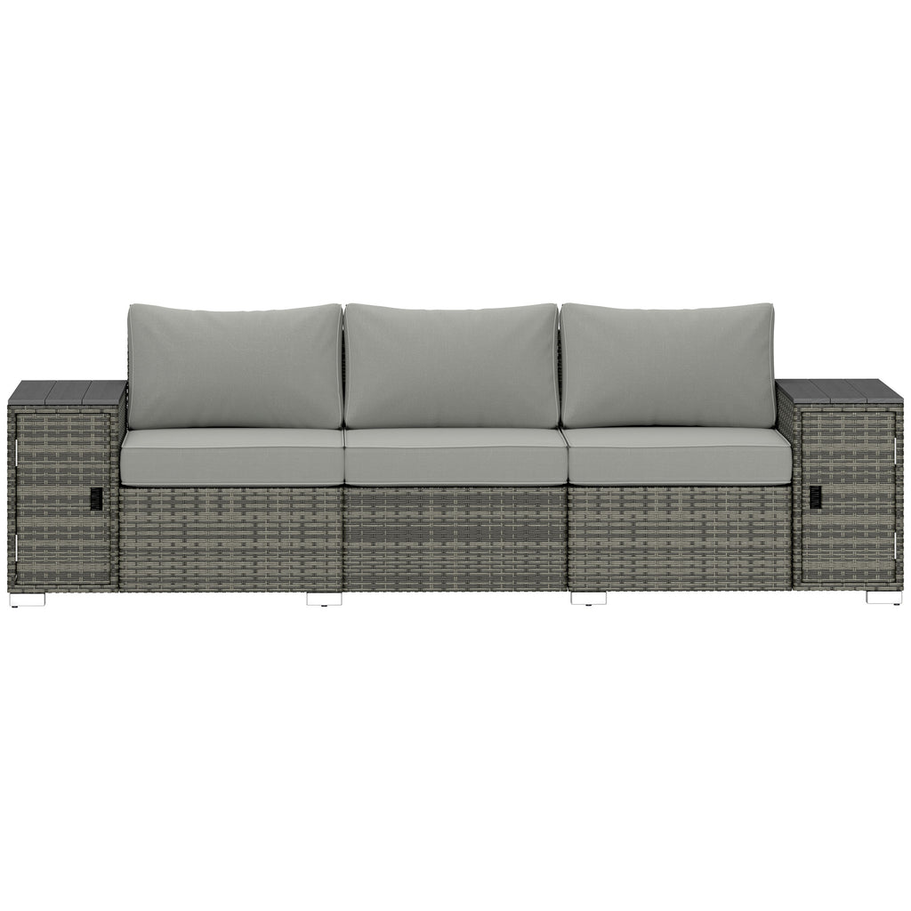 3 Seater Wicker Outdoor Couch Patio Sofa With Storage, Thickened Cushions And Wide Armrests For Porch Yard, Gray