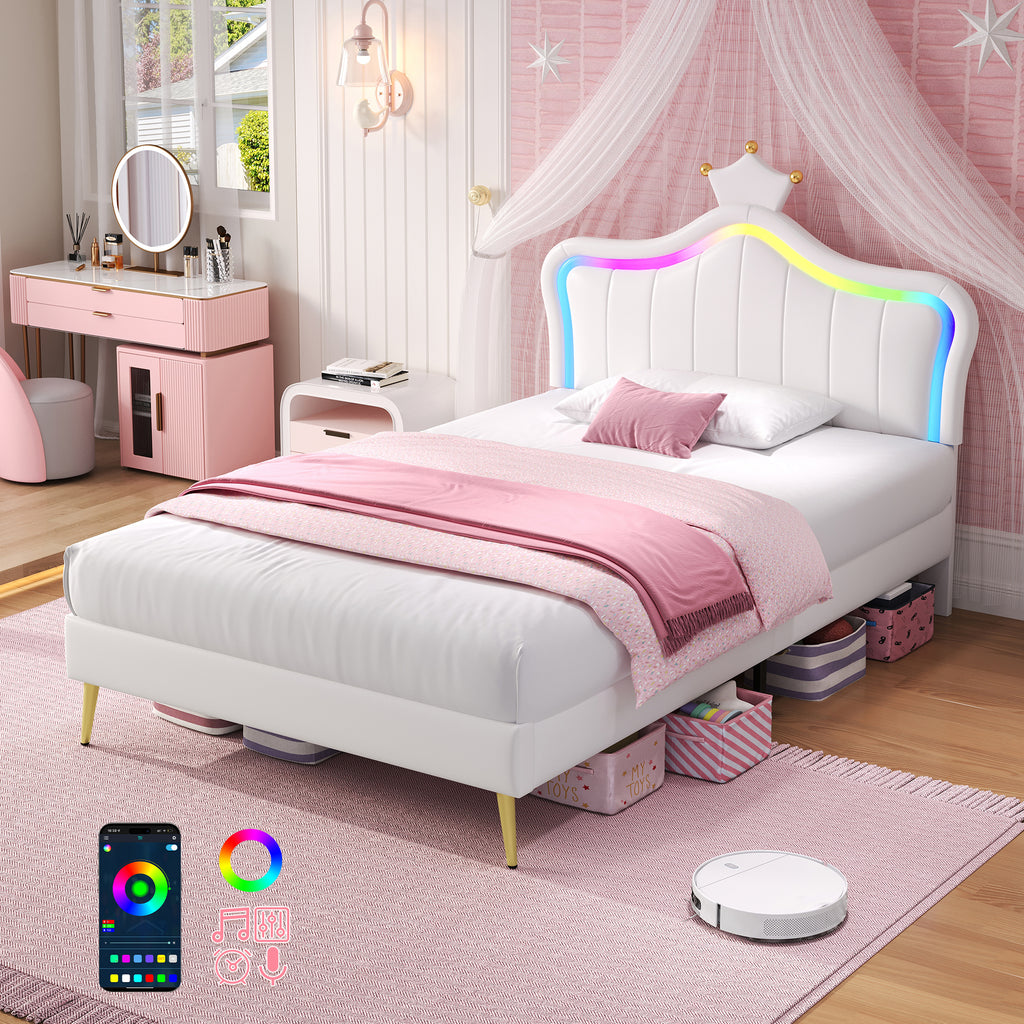 3ft Single Upholstered Bed With LED Adjustable Crown Shape Headboard, PU Leather Bed Frame With Solid Wood Slat, No Box Spring Needed, Easy Assembly, Cream White  No Mattress