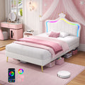 3ft Single Upholstered Bed With LED Adjustable Crown Shape Headboard, PU Leather Bed Frame With Solid Wood Slat, No Box Spring Needed, Easy Assembly, Cream White  No Mattress