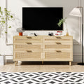 59 Rattan Dresser With Drawers, 6 Drawer Dresser For Bedroom, Clothes Storage Cabinet For Bedroom, Metal Handle Wood Legs For Hallway, Living Room, Bedroom,Natural