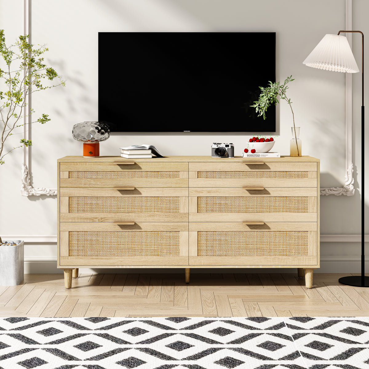 59 Rattan Dresser With Drawers, 6 Drawer Dresser For Bedroom, Clothes Storage Cabinet For Bedroom, Metal Handle Wood Legs For Hallway, Living Room, Bedroom,Natural