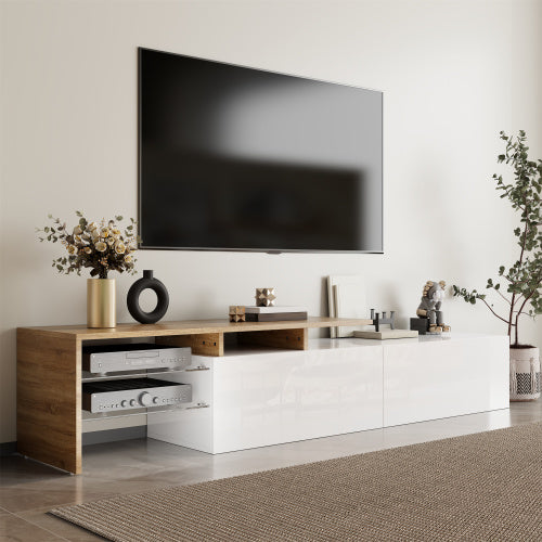 Modern TV Cabinet Design Stylish And Elegant, Practical Storage Space, Black And Wood Look, Glass Shelves, LED Lighting